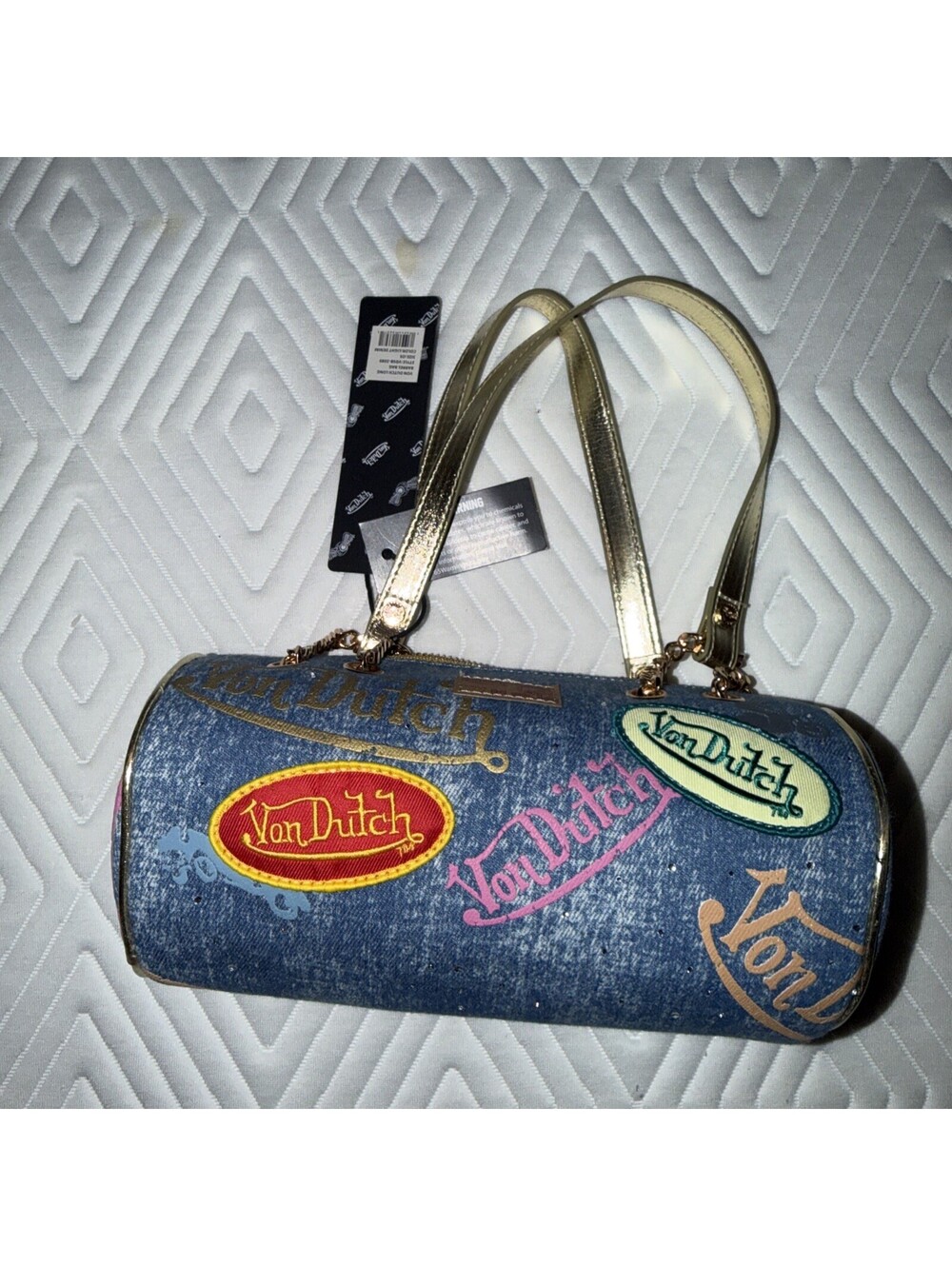 Von Dutch Denim Print Barrel Bag Y2K 2000s Gold Chain Shoulder Purse New